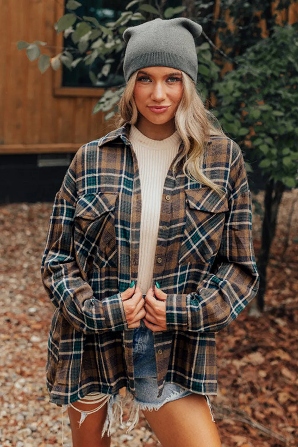 Brown Plaid Print Chest Pockets Buttoned Shirt Jacket