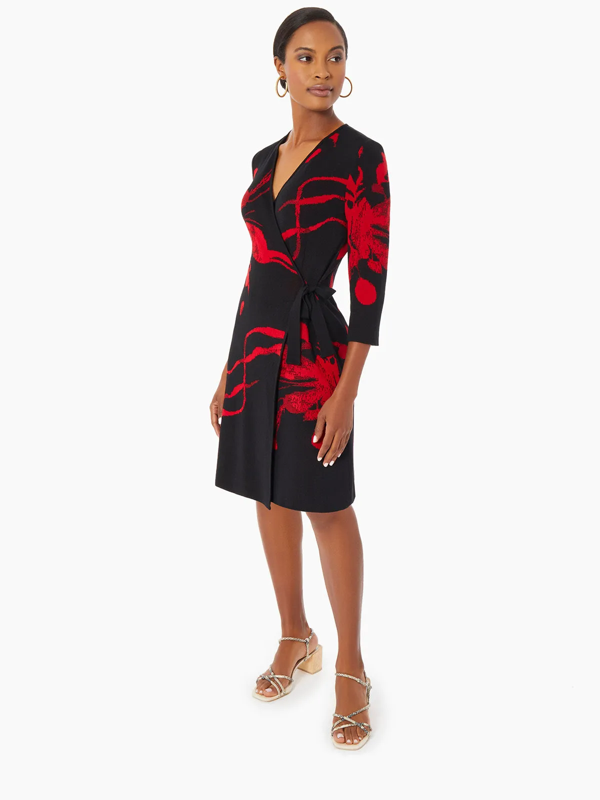 Brushstroke Pattern Knit Faux Wrap Dress