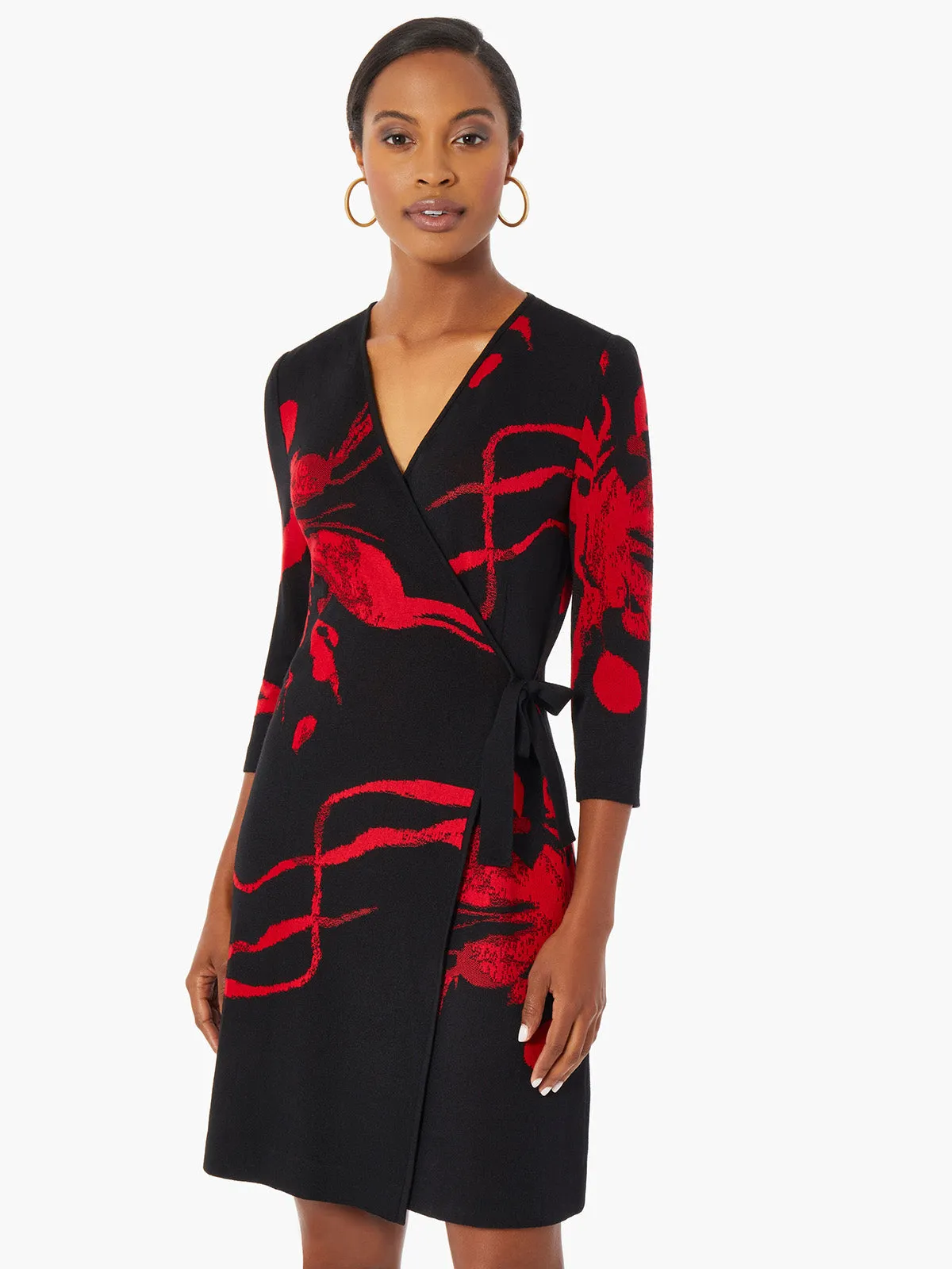 Brushstroke Pattern Knit Faux Wrap Dress