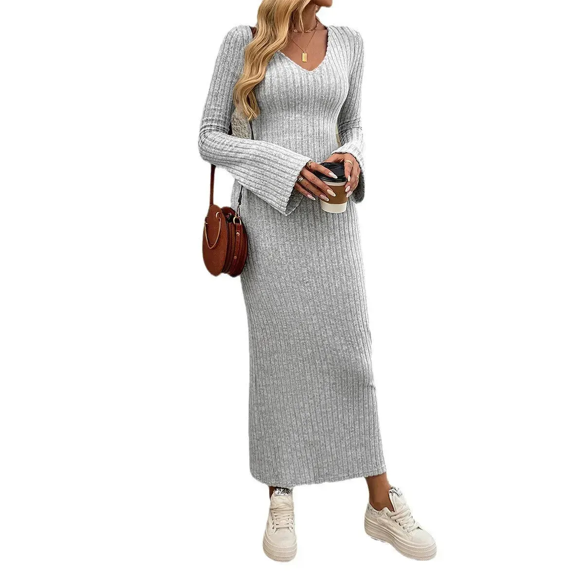 Cashmere V-neck Long bell sleeve Slim fit Midi Winter Sweater Dress