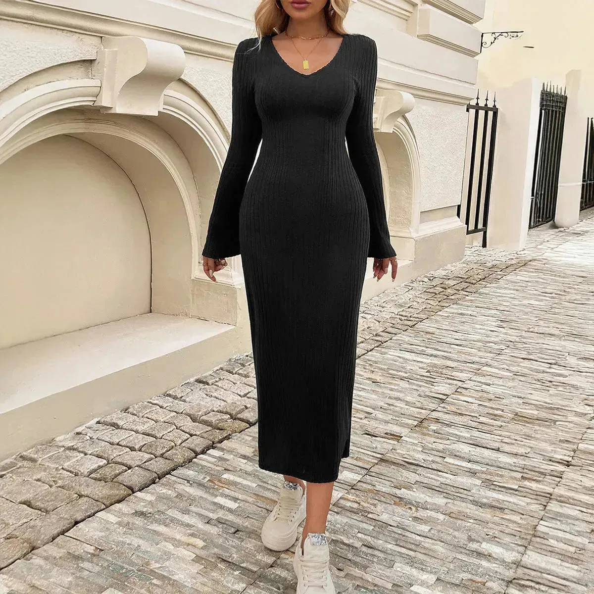 Cashmere V-neck Long bell sleeve Slim fit Midi Winter Sweater Dress