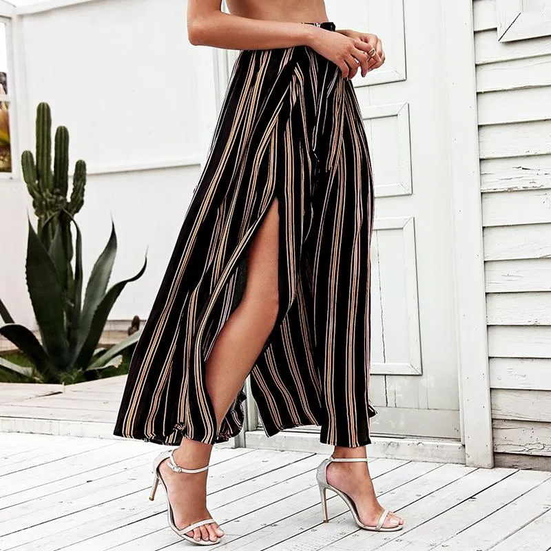 Casual High Waist Split Stripe Wide Leg Pants