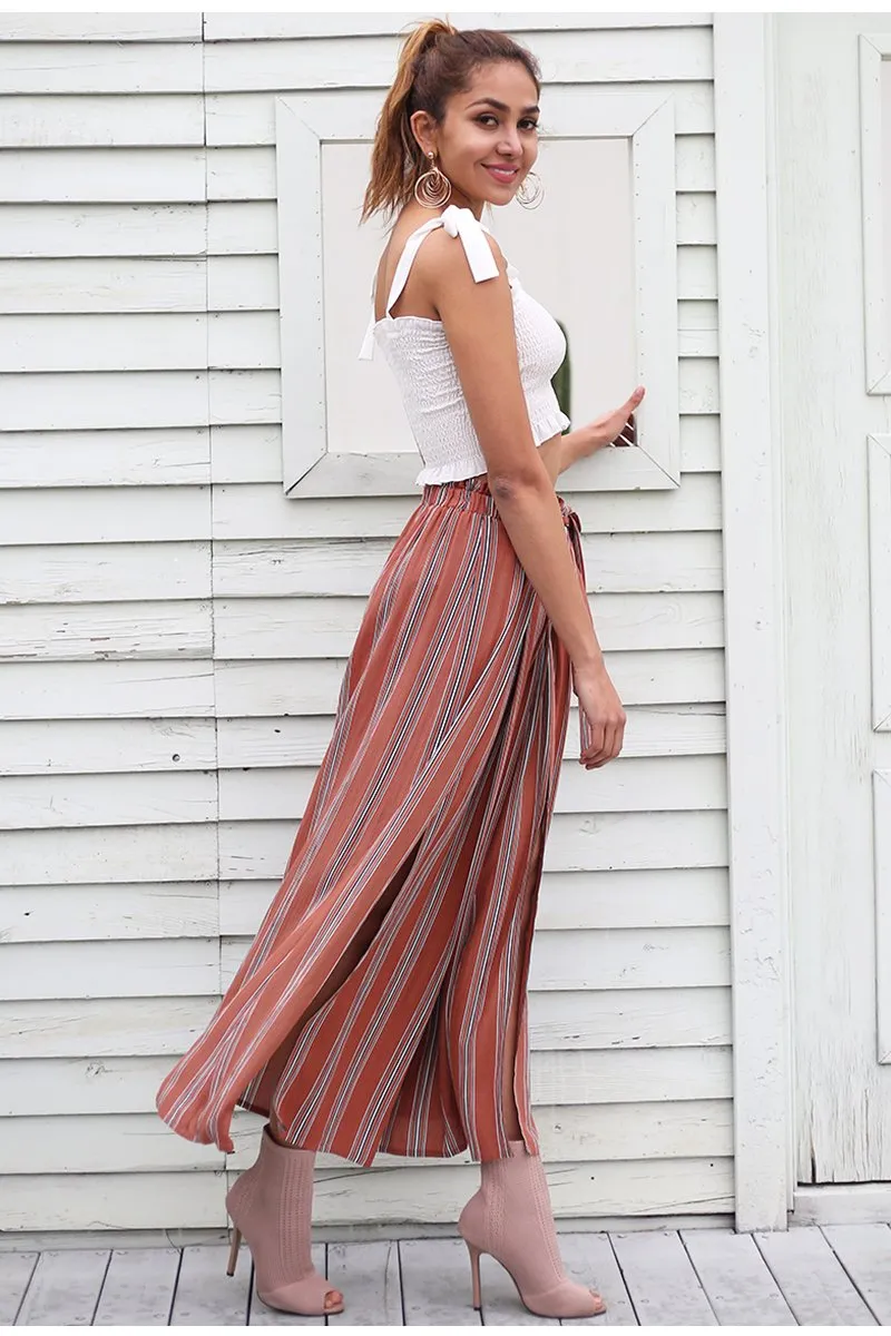 Casual High Waist Split Stripe Wide Leg Pants