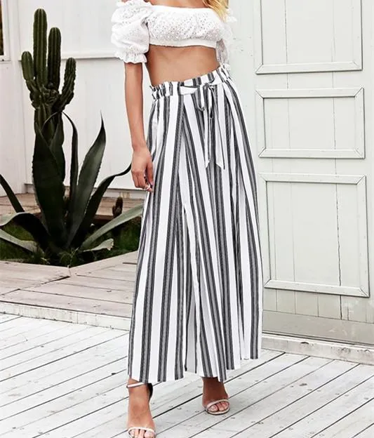 Casual High Waist Split Stripe Wide Leg Pants