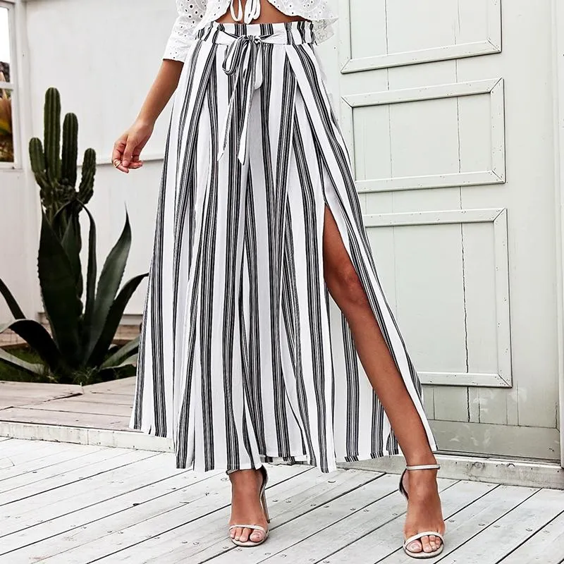 Casual High Waist Split Stripe Wide Leg Pants