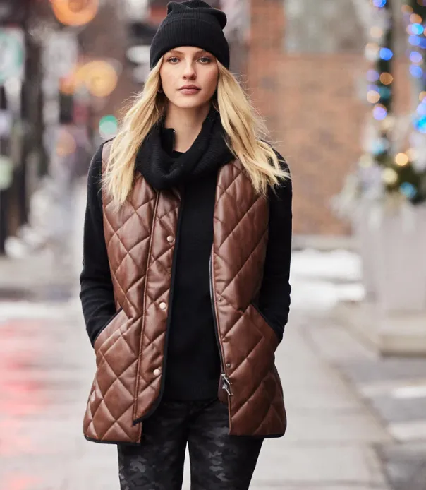 Charlie B Long Quilted Faux Leather Vest - Cognac