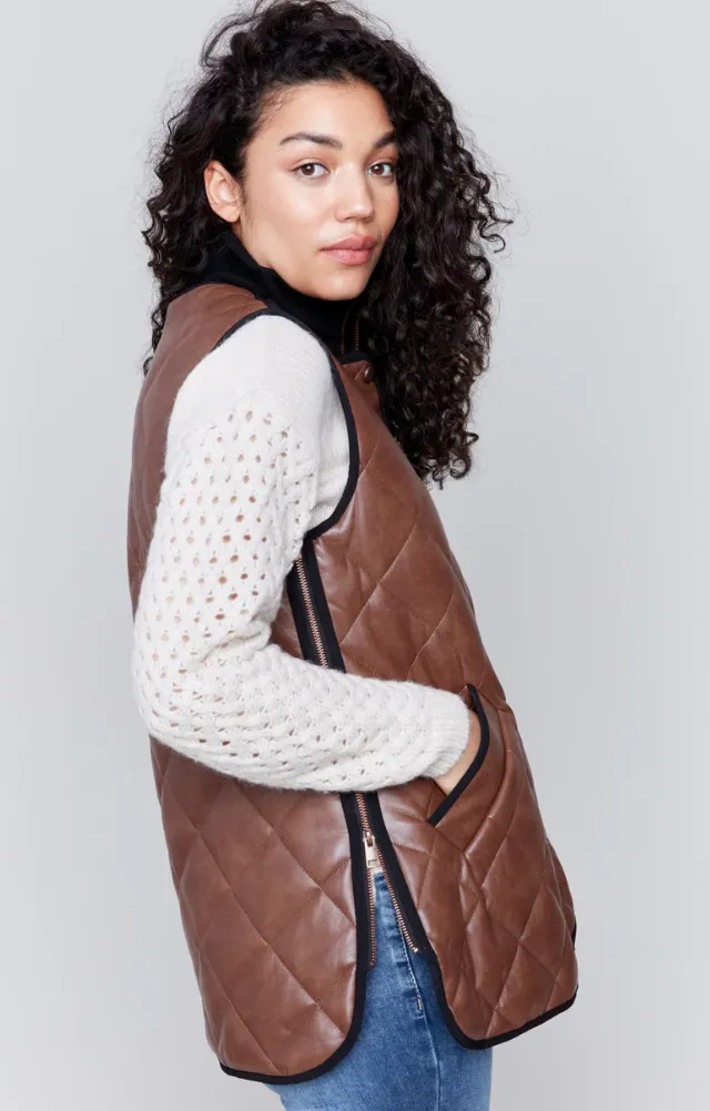 Charlie B Long Quilted Faux Leather Vest - Cognac