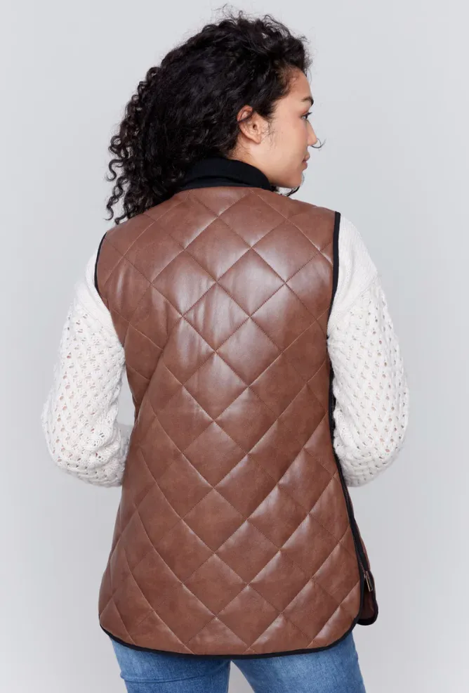 Charlie B Long Quilted Faux Leather Vest - Cognac