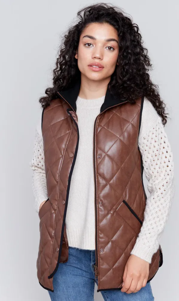 Charlie B Long Quilted Faux Leather Vest - Cognac