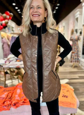 Charlie B Long Quilted Faux Leather Vest - Cognac