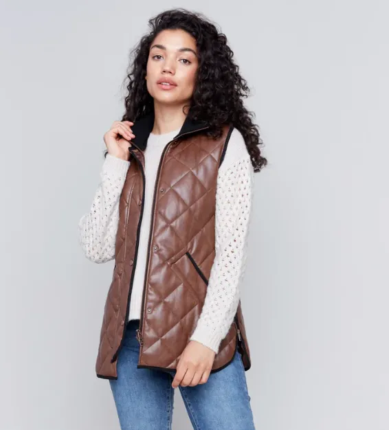 Charlie B Long Quilted Faux Leather Vest - Cognac