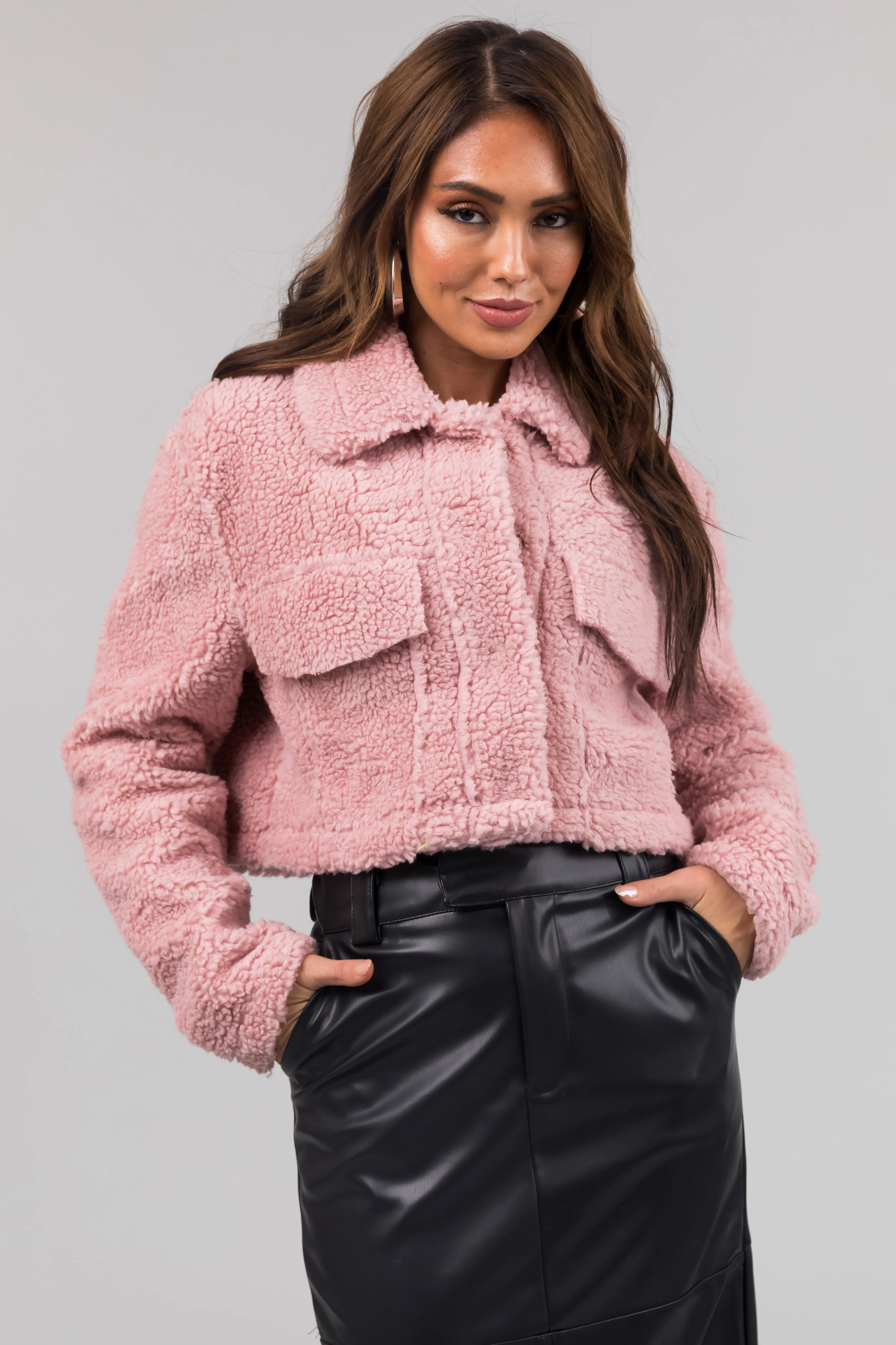 Cherry Blossom Faux Fur Button Cropped Jacket