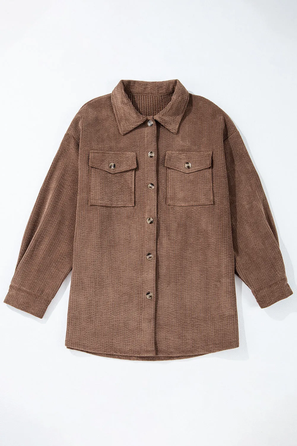 Chestnut Corduroy Flap Pocket Button Up Shacket