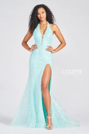 Colette 12234 Aqua Sequin Halter Fitted Dress with Slit