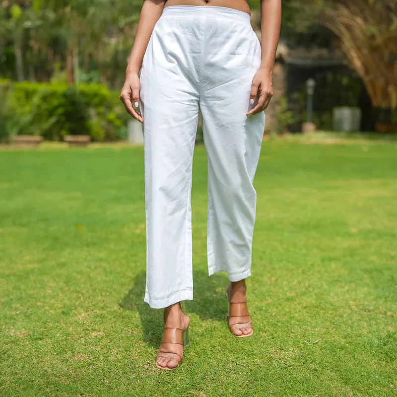 Cotton White Straight Pants for Women | Ankle Length