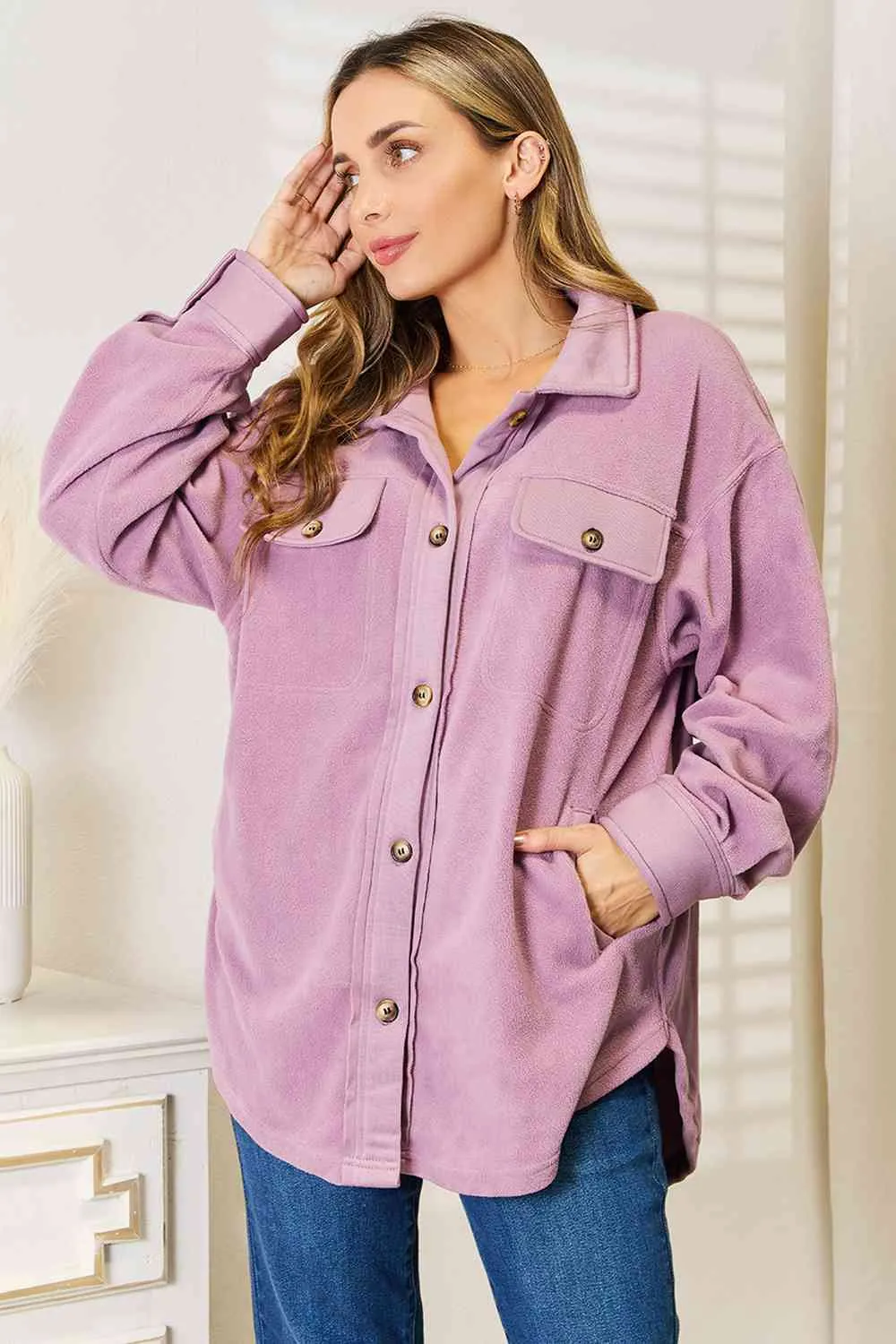 Cozy Girl Button Down Shacket-Lavender