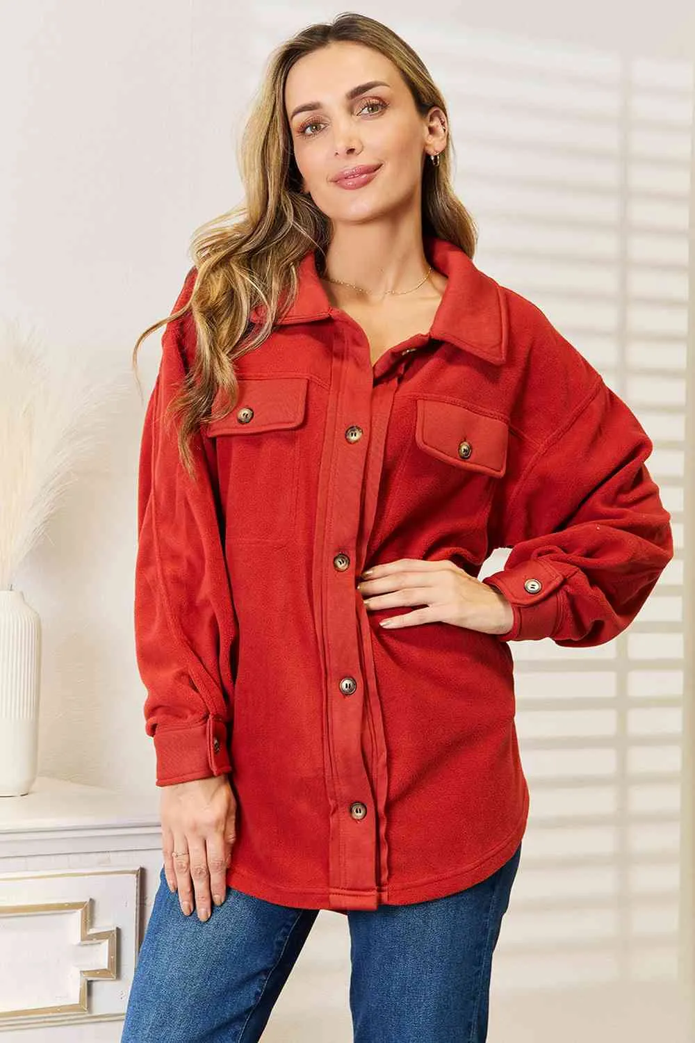 Cozy Girl Button Down Shacket-Rust