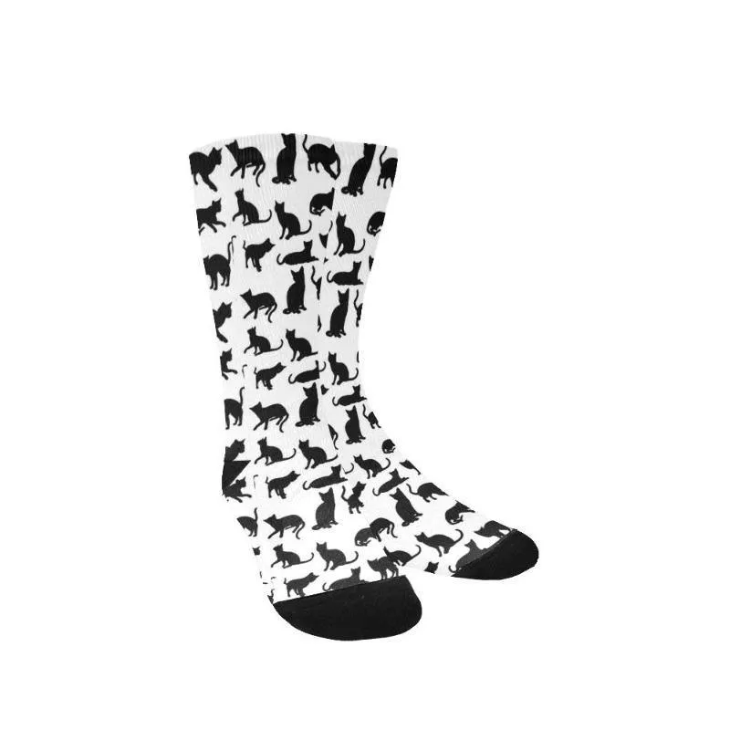 Crew Socks Black Cat White Cotton Blend Gifts For Cat Lady