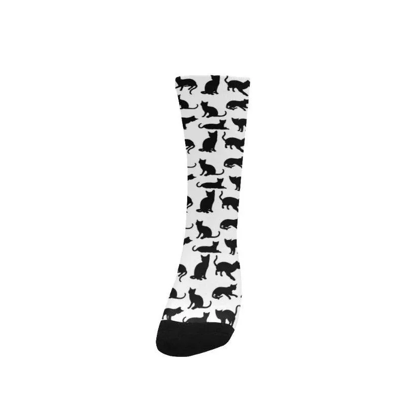 Crew Socks Black Cat White Cotton Blend Gifts For Cat Lady