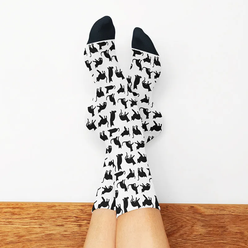 Crew Socks Black Cat White Cotton Blend Gifts For Cat Lady