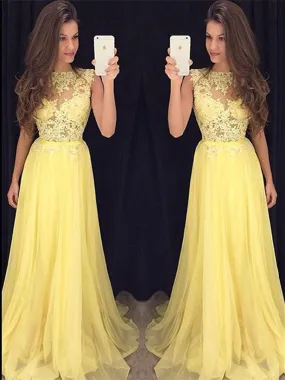 Custom Made A Line Round Neck Lace Yellow Chiffon Long Prom, Yellow Lace Graduation, Formal Evening