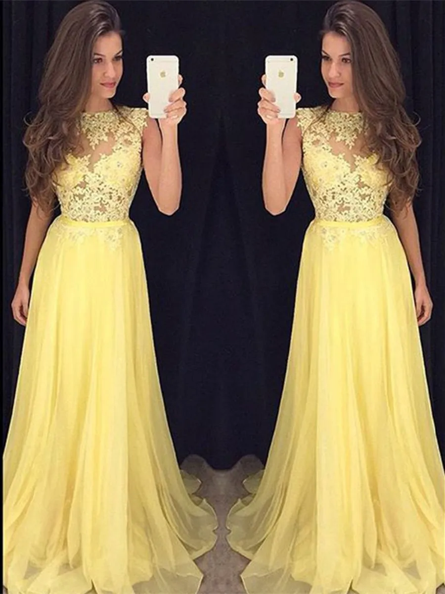 Custom Made A Line Round Neck Lace Yellow Chiffon Long Prom, Yellow Lace Graduation, Formal Evening