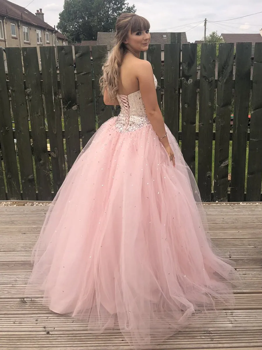 Custom Made Sweetheart Neck Backless Tulle Pink Long Prom with Beadings, Pink Ball Gown, Pink Formal