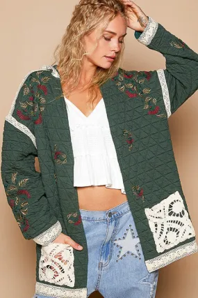 Dark Green Embroidered Open Front Quilted Jacket with Crochet Pockets