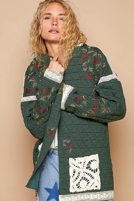 Dark Green Embroidered Open Front Quilted Jacket with Crochet Pockets