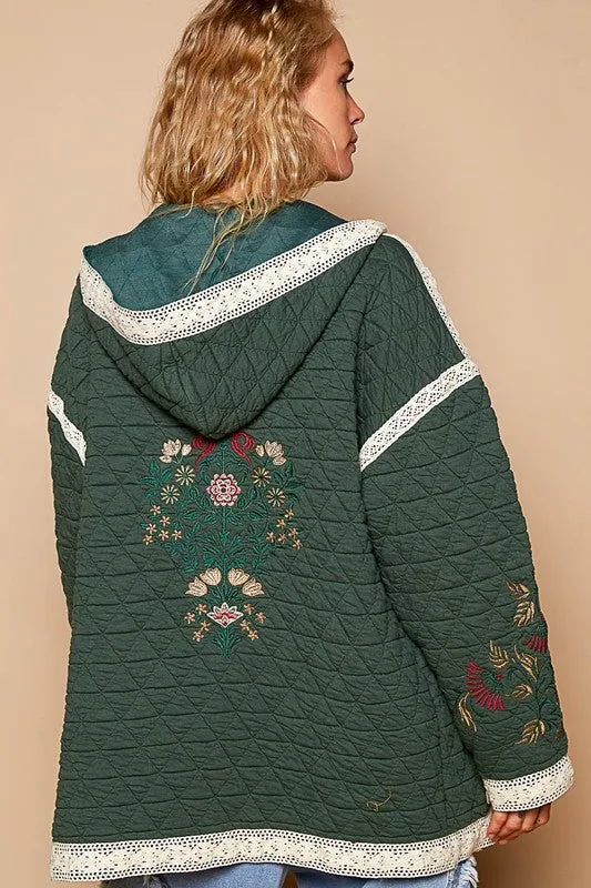 Dark Green Embroidered Open Front Quilted Jacket with Crochet Pockets