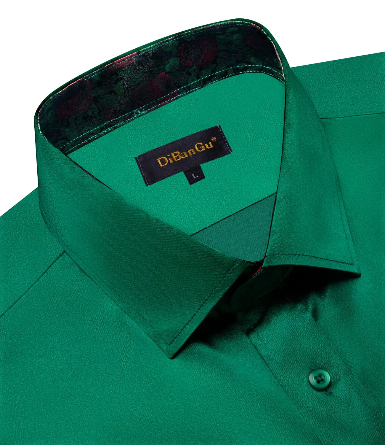 DiBanGu Collar Shirt Jungle Green Satin Splicing Solid Button Down Shirt for Mens Formal