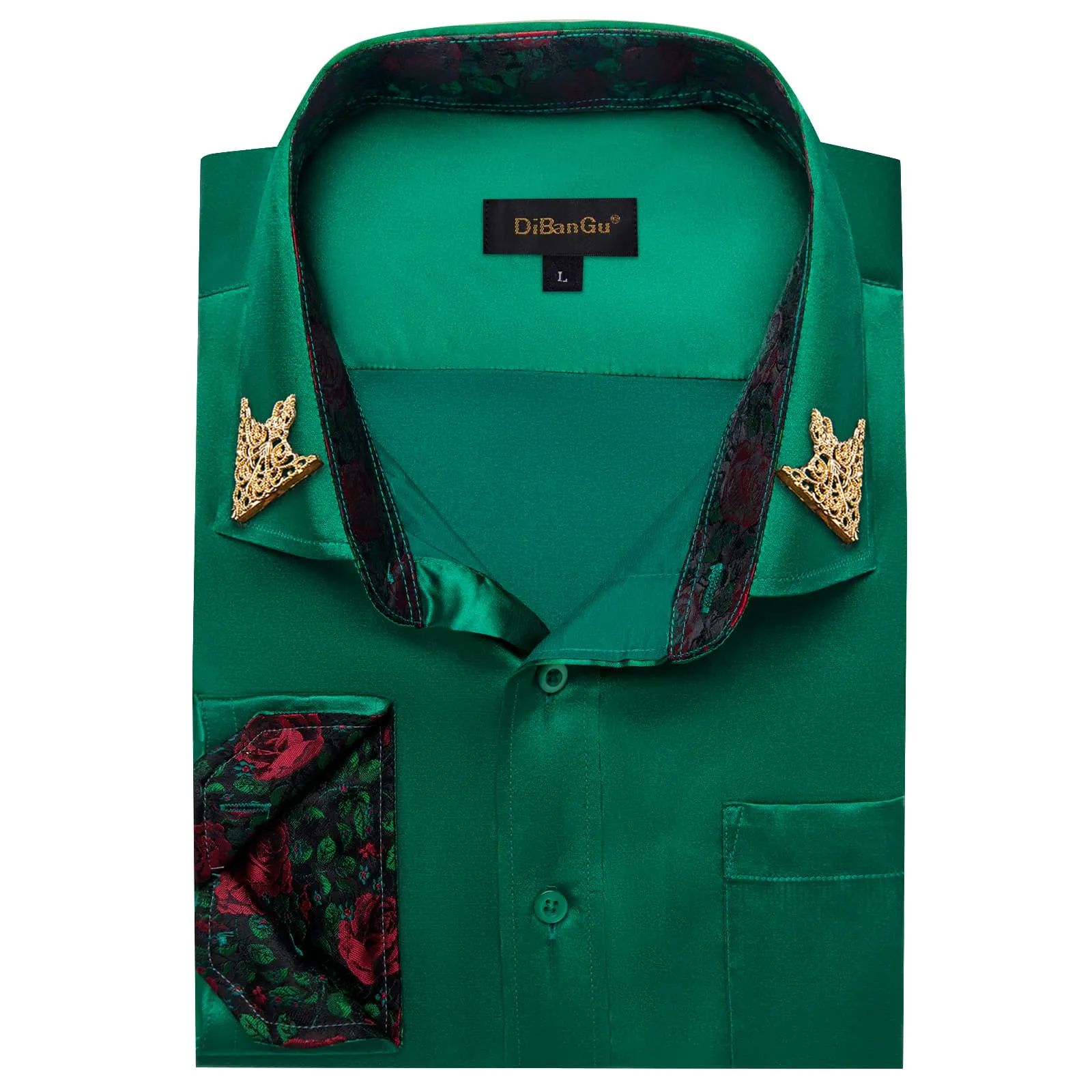 DiBanGu Collar Shirt Jungle Green Satin Splicing Solid Button Down Shirt for Mens Formal