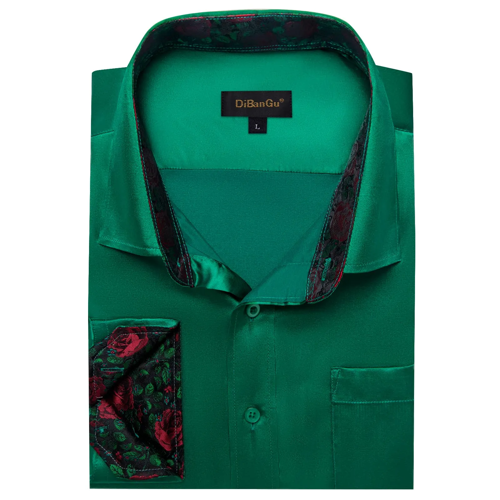 DiBanGu Collar Shirt Jungle Green Satin Splicing Solid Button Down Shirt for Mens Formal