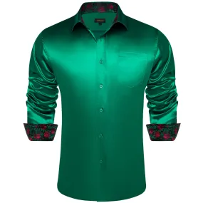 DiBanGu Collar Shirt Jungle Green Satin Splicing Solid Button Down Shirt for Mens Formal