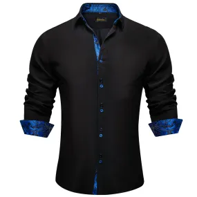 DiBanGu Silk Button Down Shirt Black Blue Splicing Long Sleeve Shirt For Men