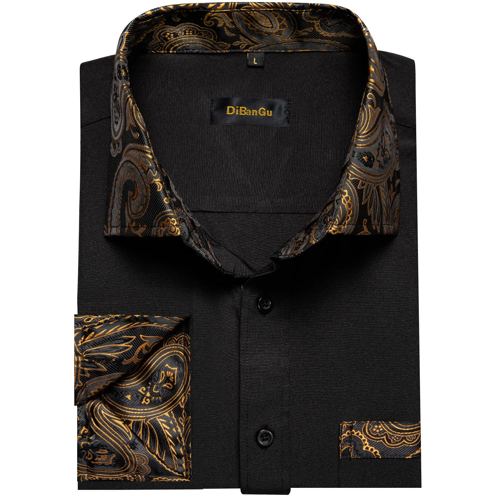 DiBanGu Silk Button Down Shirt Black Golden Splicing Long Sleeve Shirt For Men