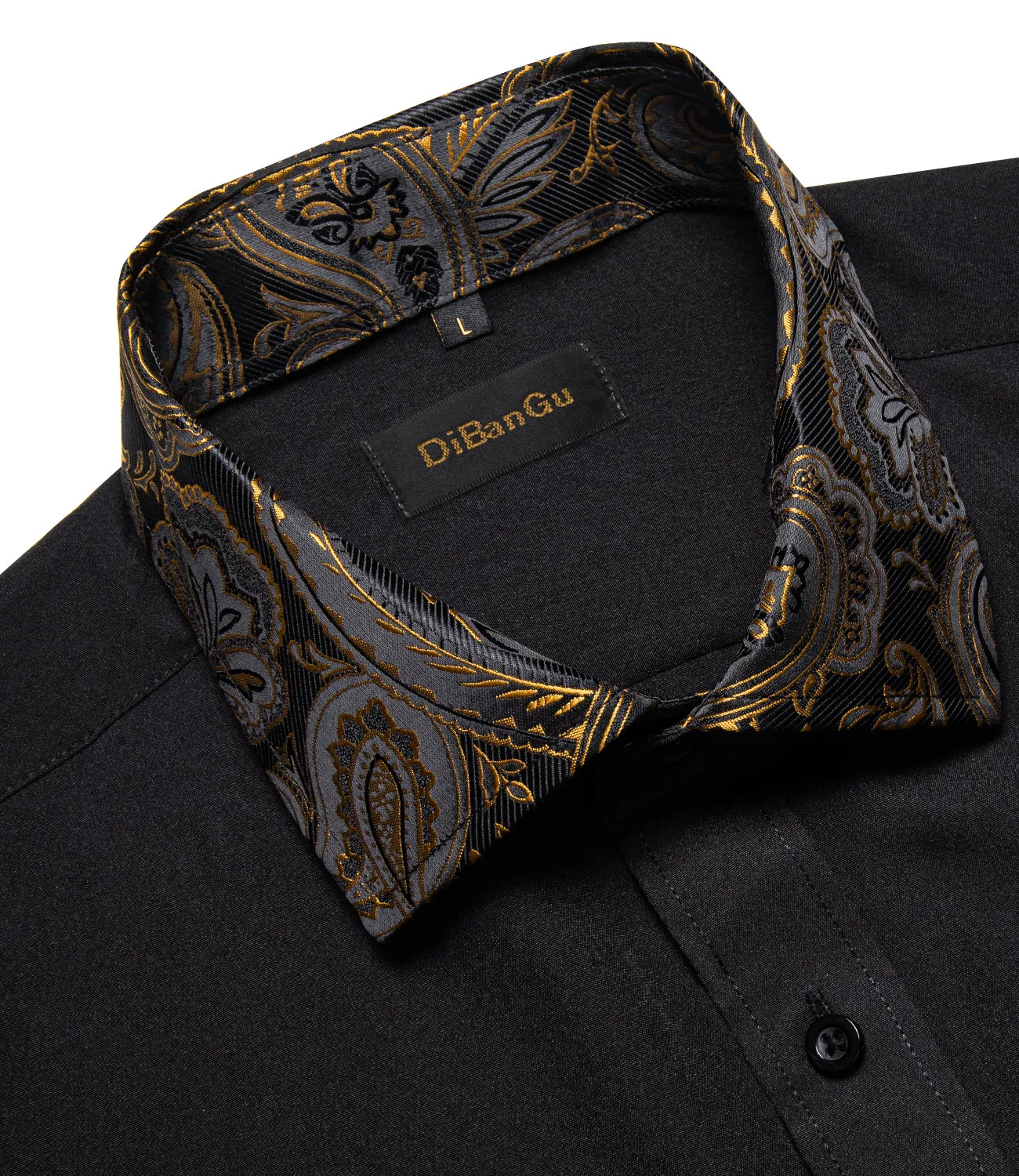 DiBanGu Silk Button Down Shirt Black Golden Splicing Long Sleeve Shirt For Men