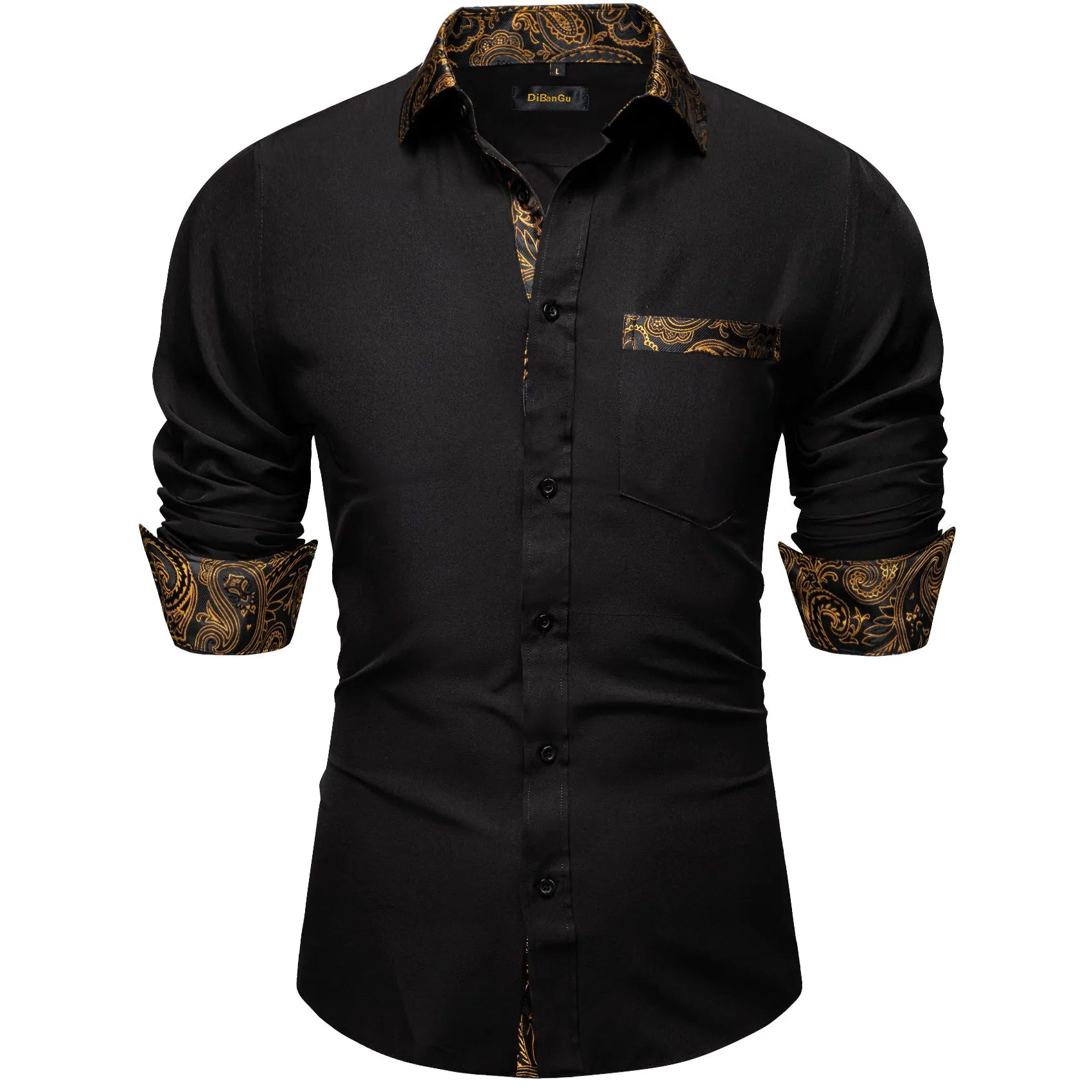 DiBanGu Silk Button Down Shirt Black Golden Splicing Long Sleeve Shirt For Men