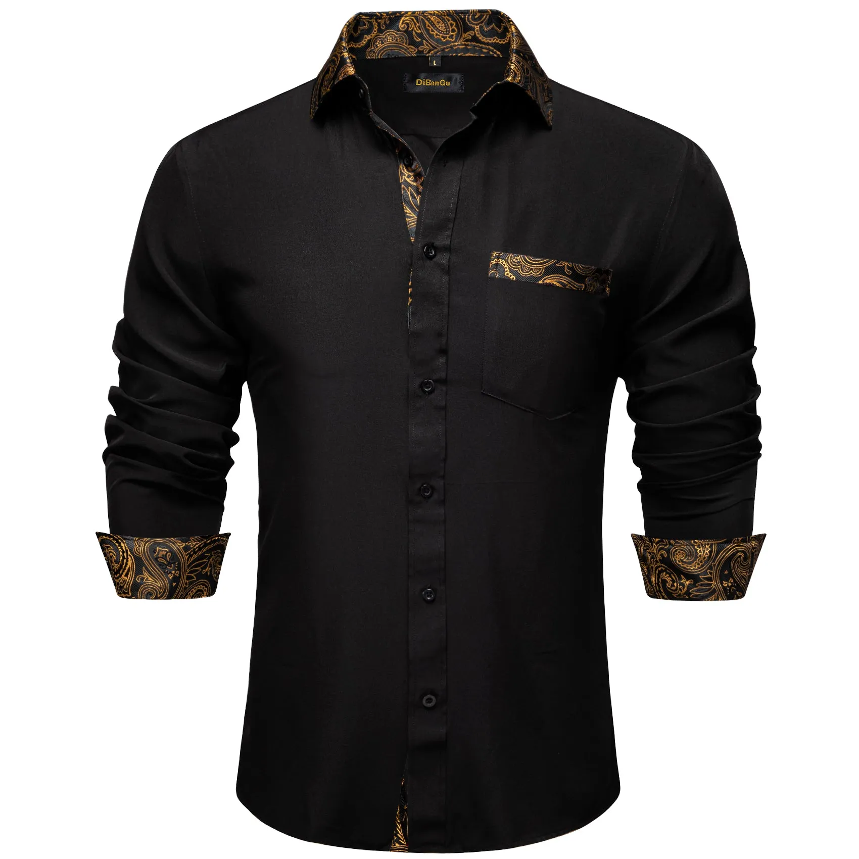 DiBanGu Silk Button Down Shirt Black Golden Splicing Long Sleeve Shirt For Men