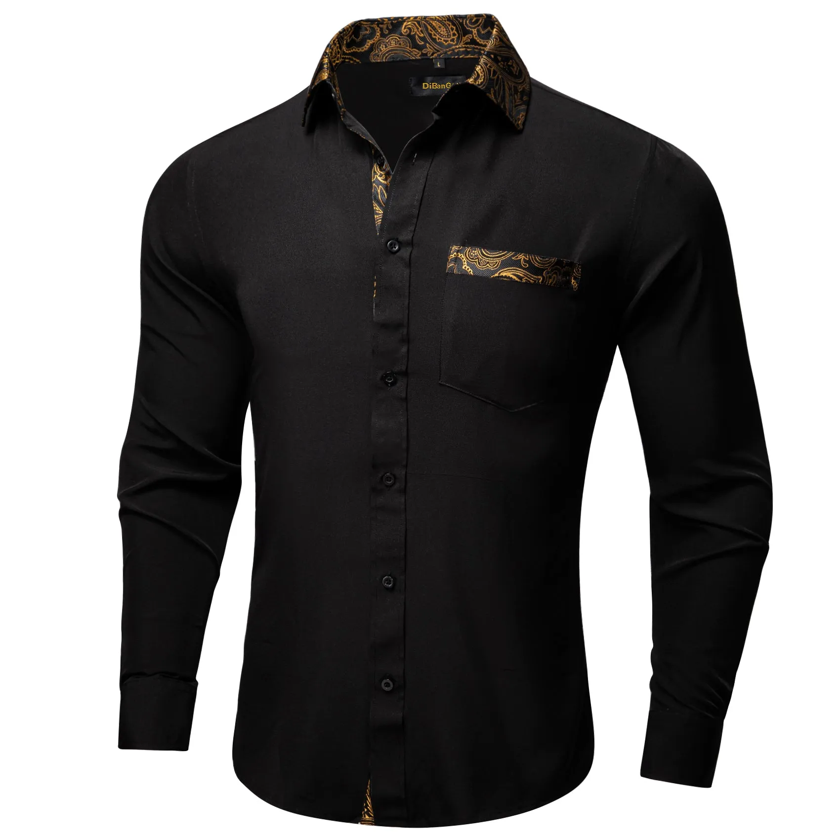 DiBanGu Silk Button Down Shirt Black Golden Splicing Long Sleeve Shirt For Men