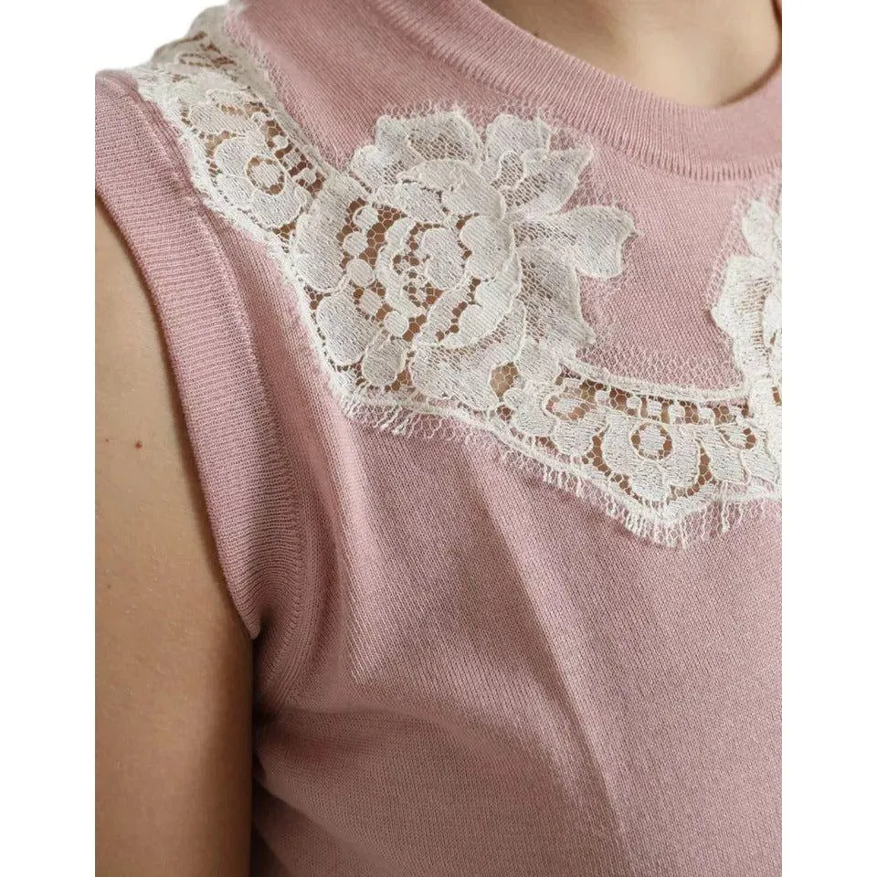 Dolce & Gabbana Pink Cashmere Lace Trim Sleeveless Tank Top