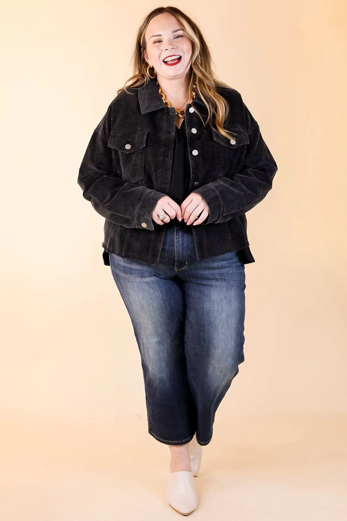 Edgy and Chic Button Up Corduroy Jacket with Raw Hem in Black