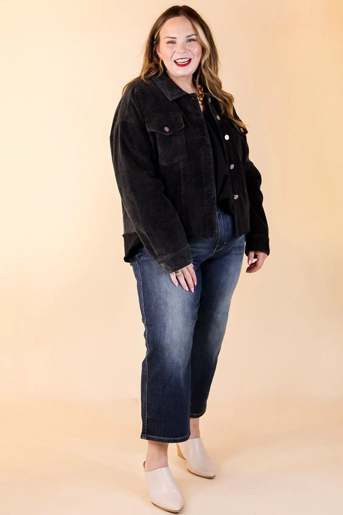 Edgy and Chic Button Up Corduroy Jacket with Raw Hem in Black