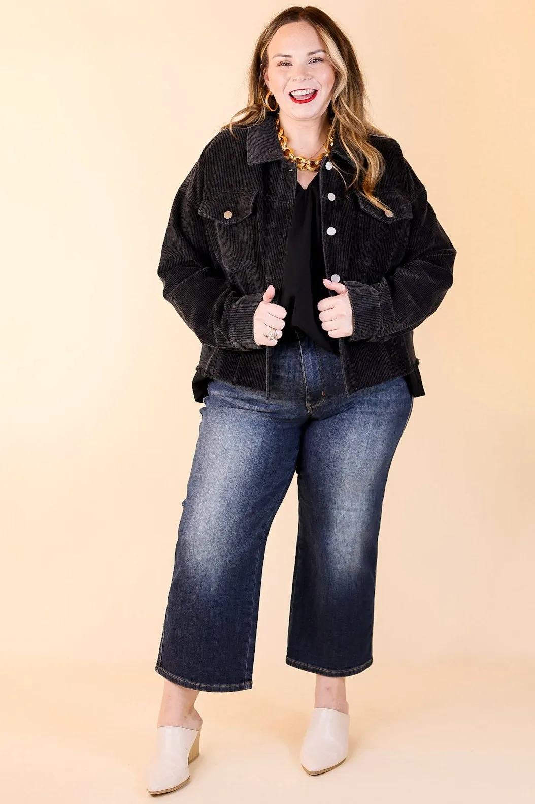 Edgy and Chic Button Up Corduroy Jacket with Raw Hem in Black