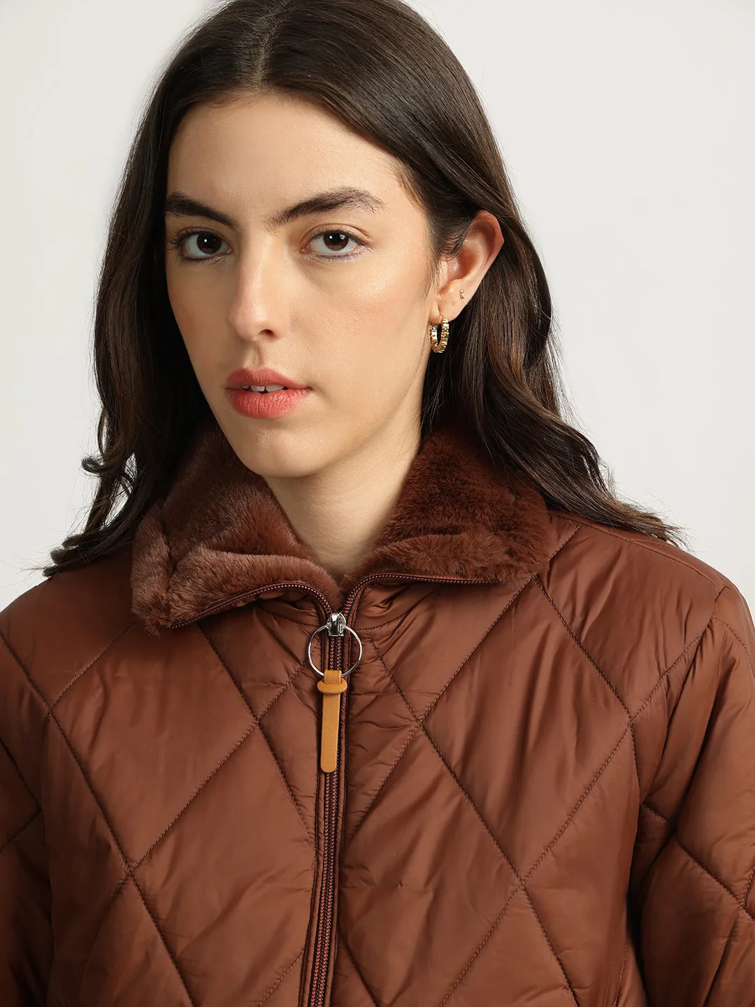 Elle Women Brown Solid Stand Collar Full Sleeves Quilted Jacket