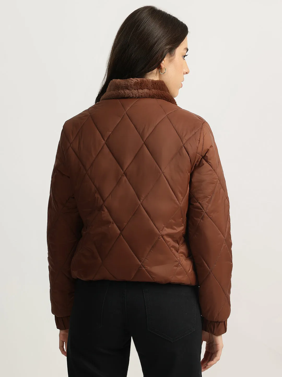 Elle Women Brown Solid Stand Collar Full Sleeves Quilted Jacket