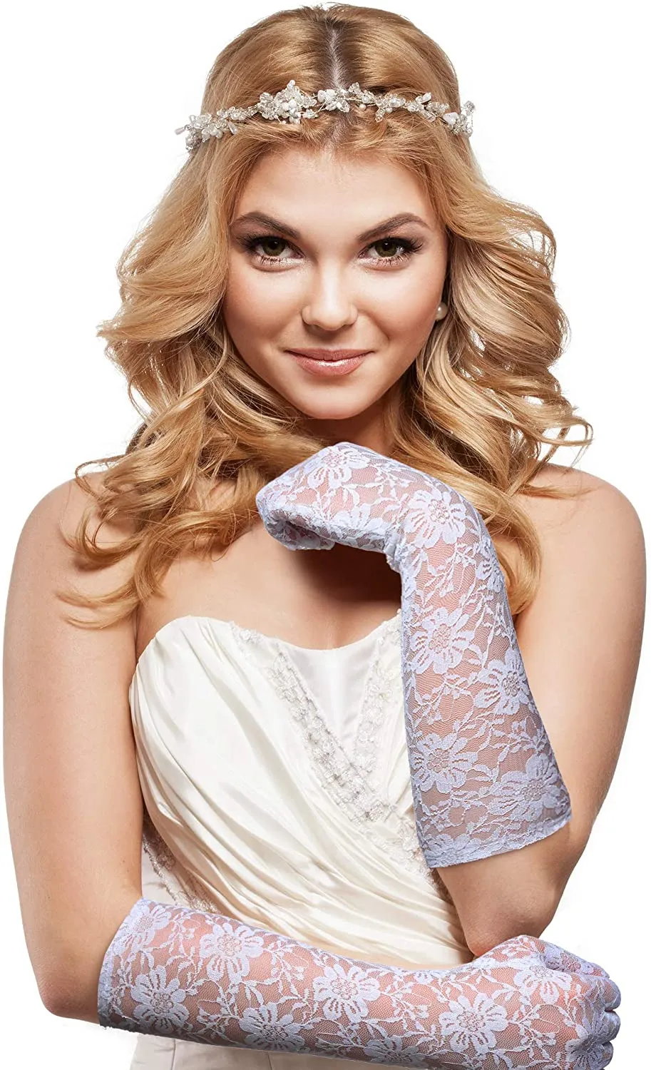 Fancydresswale Floral Lace Gloves for Wedding Opera Party Flapper Lace Gloves Stretchy Adult Size- White