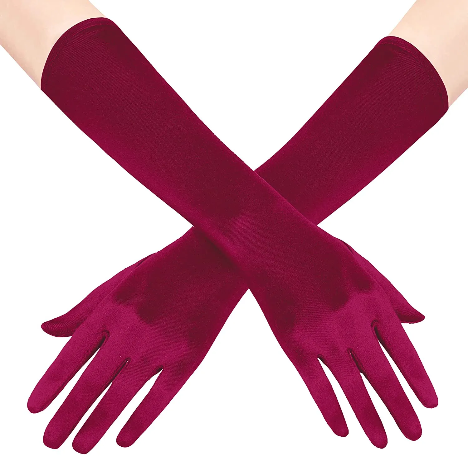 Fancydresswale hand Gloves for women for parties, long colourful satin hand cover 38 cm; Wine Red