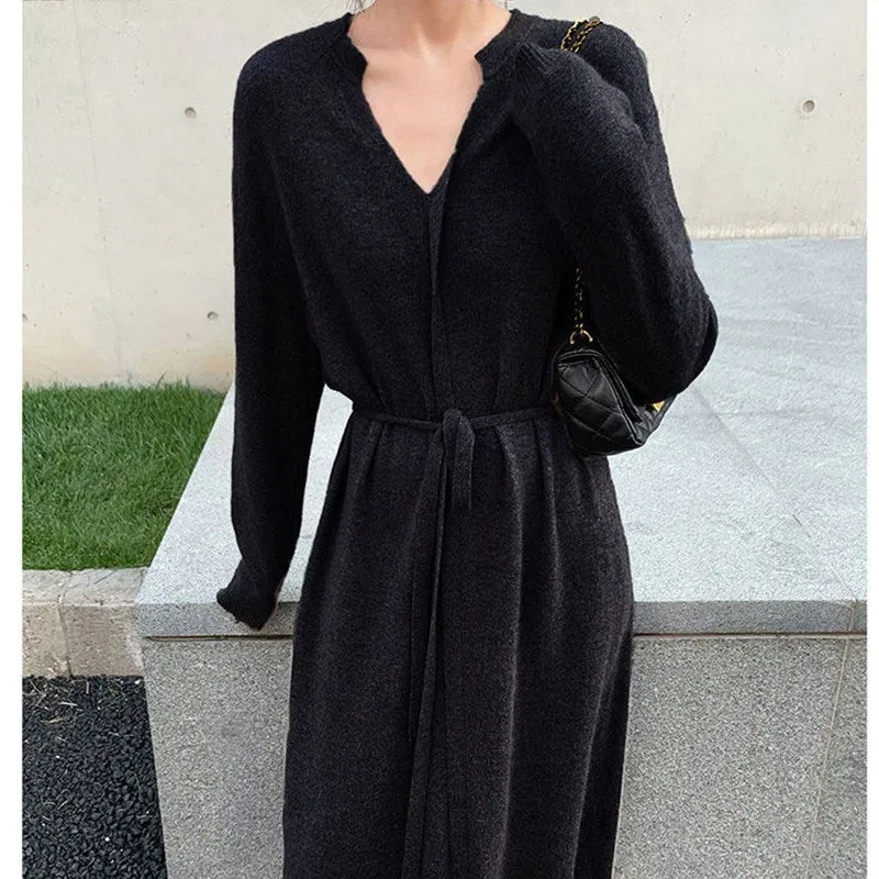 Fashionkova  2022 Autumn Belt Knitted Dresses Women Korean Fashion High Waist Bottoming Long Elegant Winter Sweater Straight Pullovers