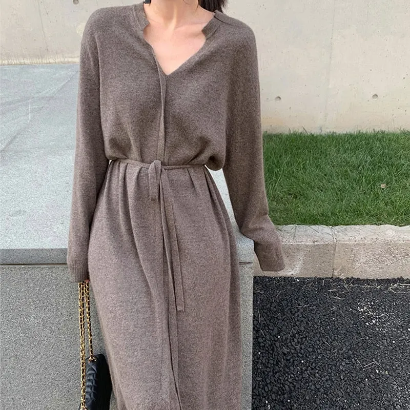 Fashionkova  2022 Autumn Belt Knitted Dresses Women Korean Fashion High Waist Bottoming Long Elegant Winter Sweater Straight Pullovers